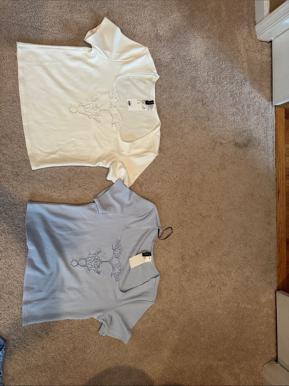 H&M Short Sleeve Scoop Neck Tops with Lace Appliqué - White and Light Blue